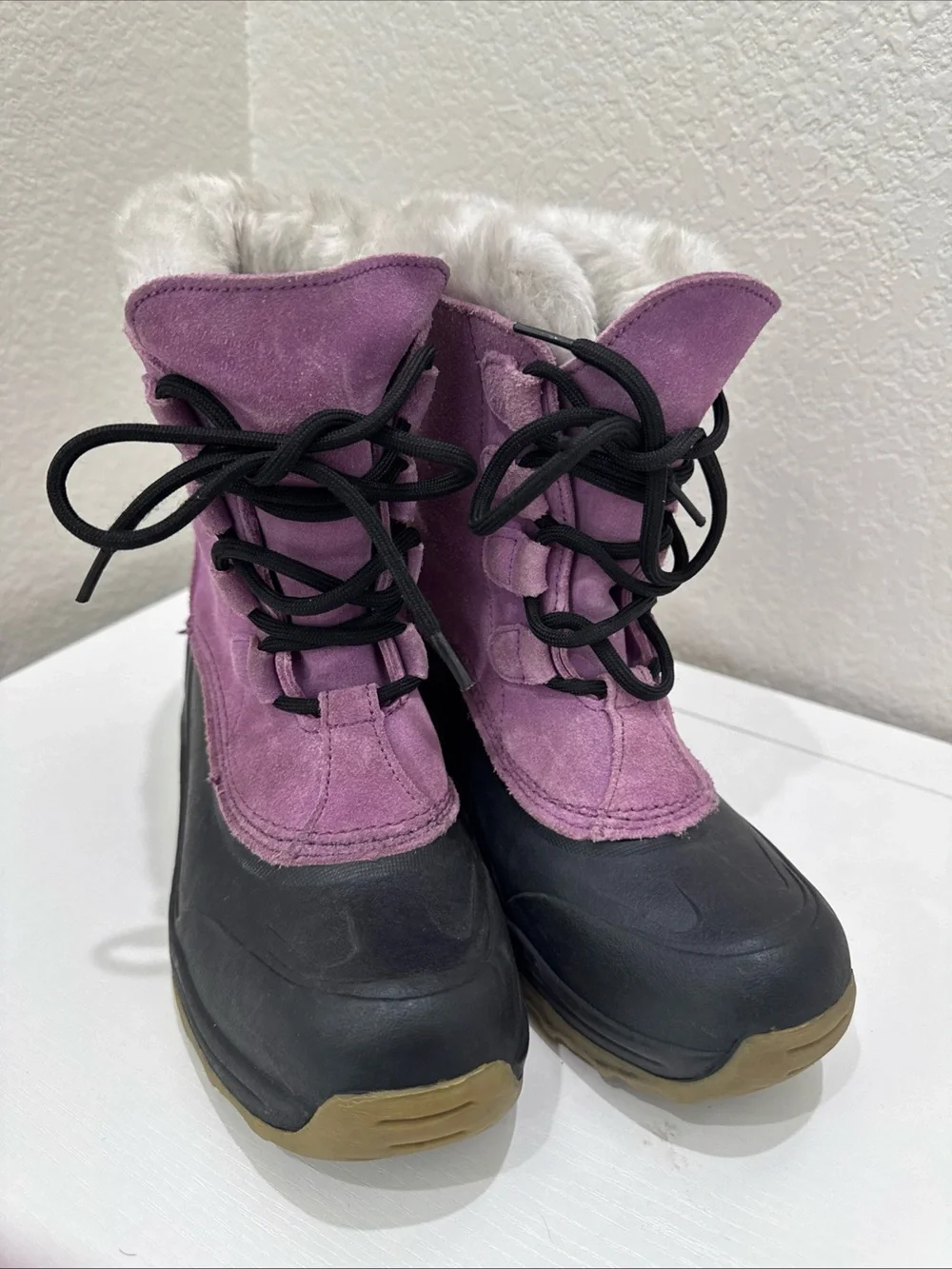 Lands’ End Girls Snow Boots Size 3 Purple Suede Faux Fur Winter Waterproof EU 34